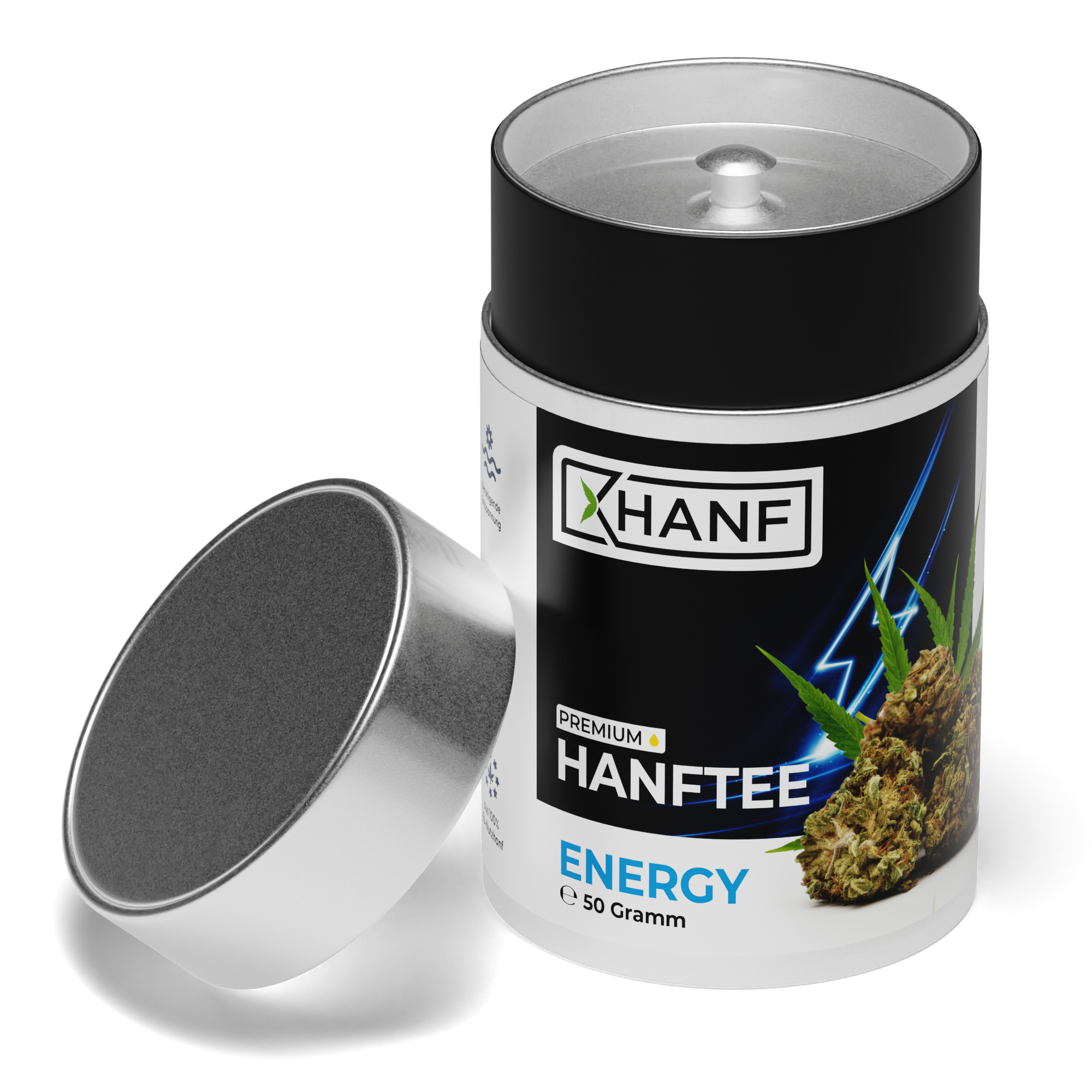 XHANF Premium Hanftee Energy in Dose mit geöffnetem Deckel