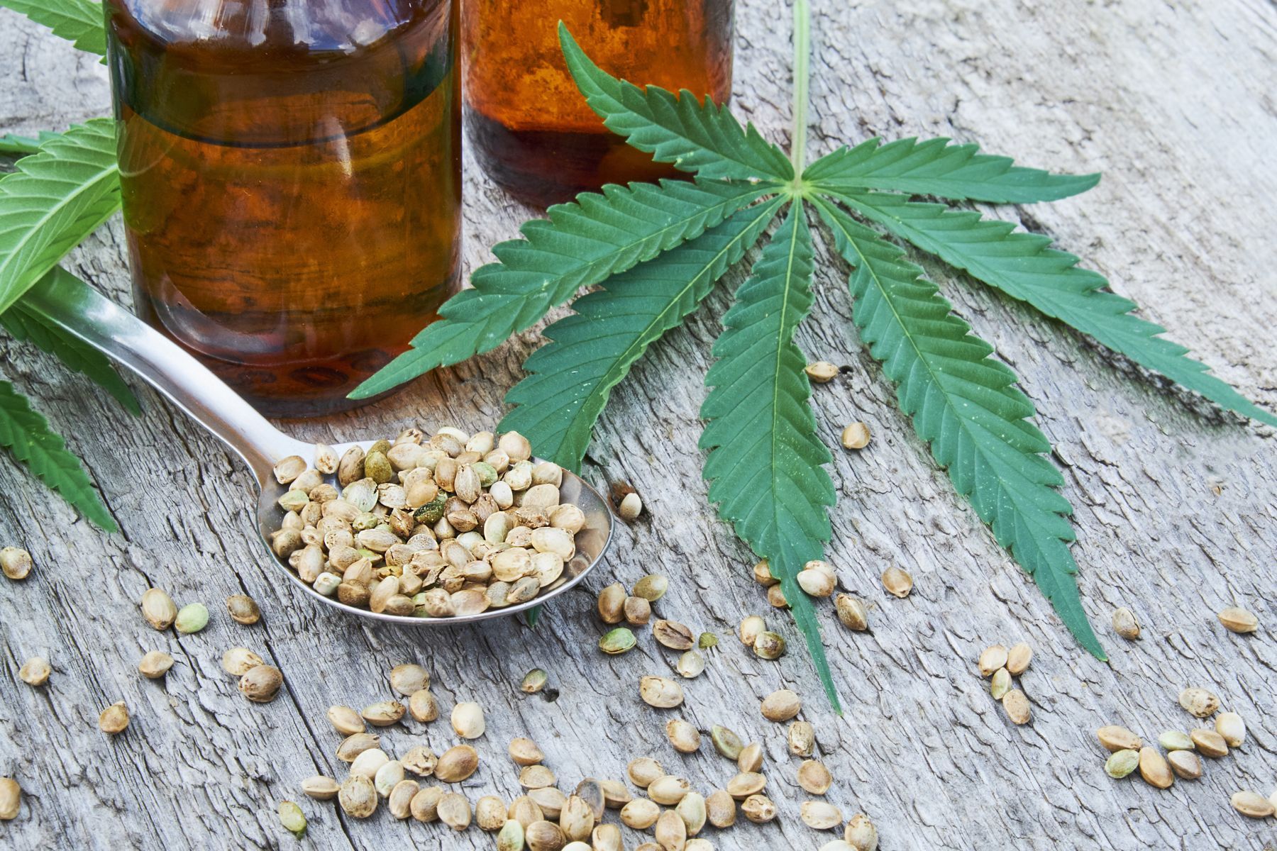 Hanföl vs. CBD-Öl – Der Unterschied auf einen Blick Ein Löffel mit Hanfsamen liegt auf einer Holzoberfläche neben einer Hanfblatt-Rispe und zwei braunen Glasflaschen – typischerweise für Hanföl oder CBD-Öl verwendet.