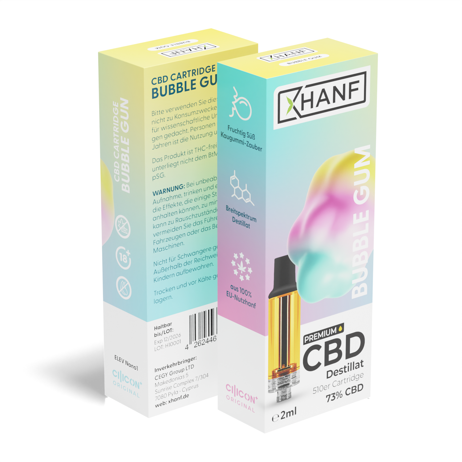 XHANF CBD Cartridge Bubble Gum mit Vorder und Seitenansicht der pastellfarbenen Verpackung