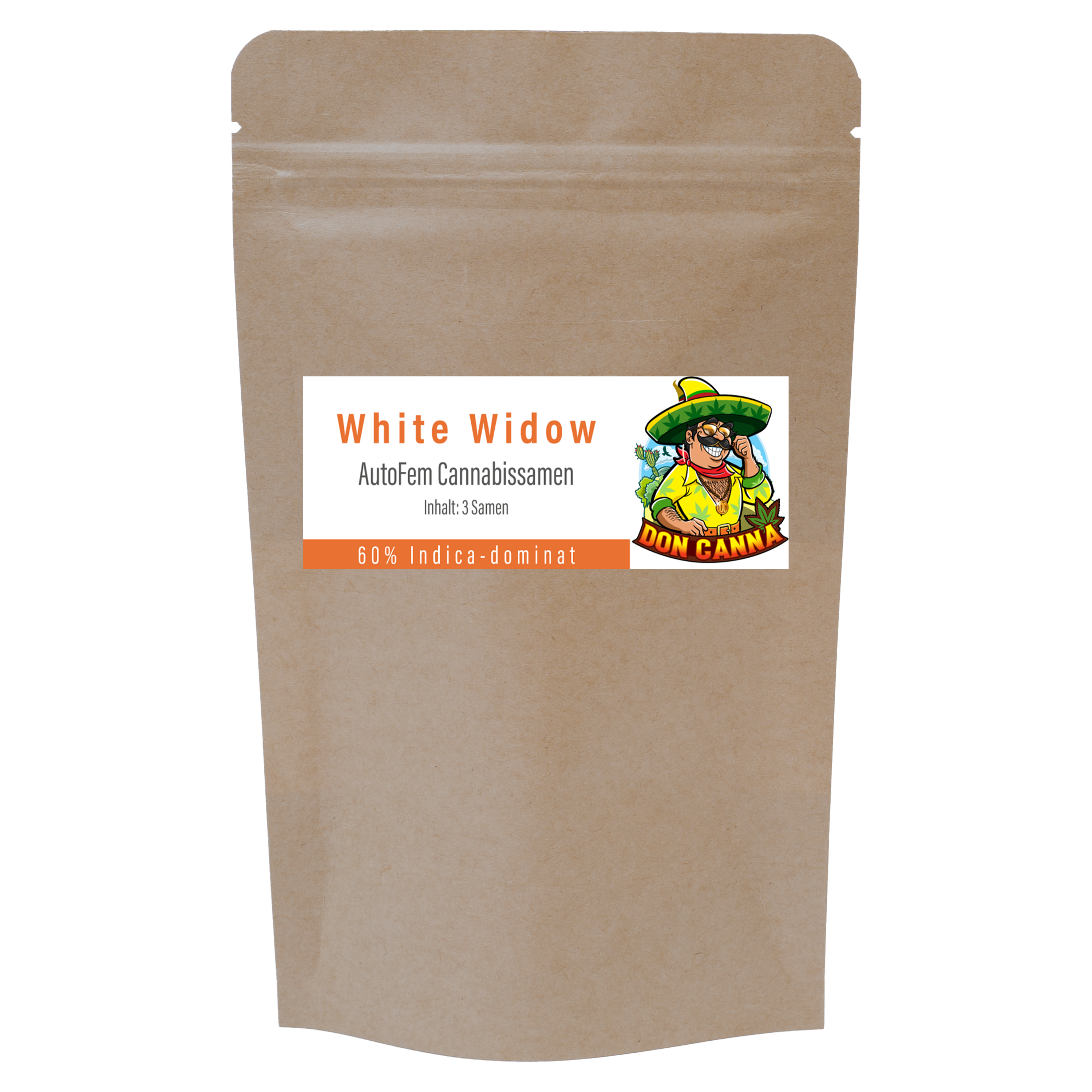 Vorderseite einer braunen Verpackung mit Etikett „White Widow Feminiserte Cannabissamen, Inhalt: 3 Samen“ sowie Logo „Don Canna“ und Hinweis „40 % Sativa / 60 % Indica“.