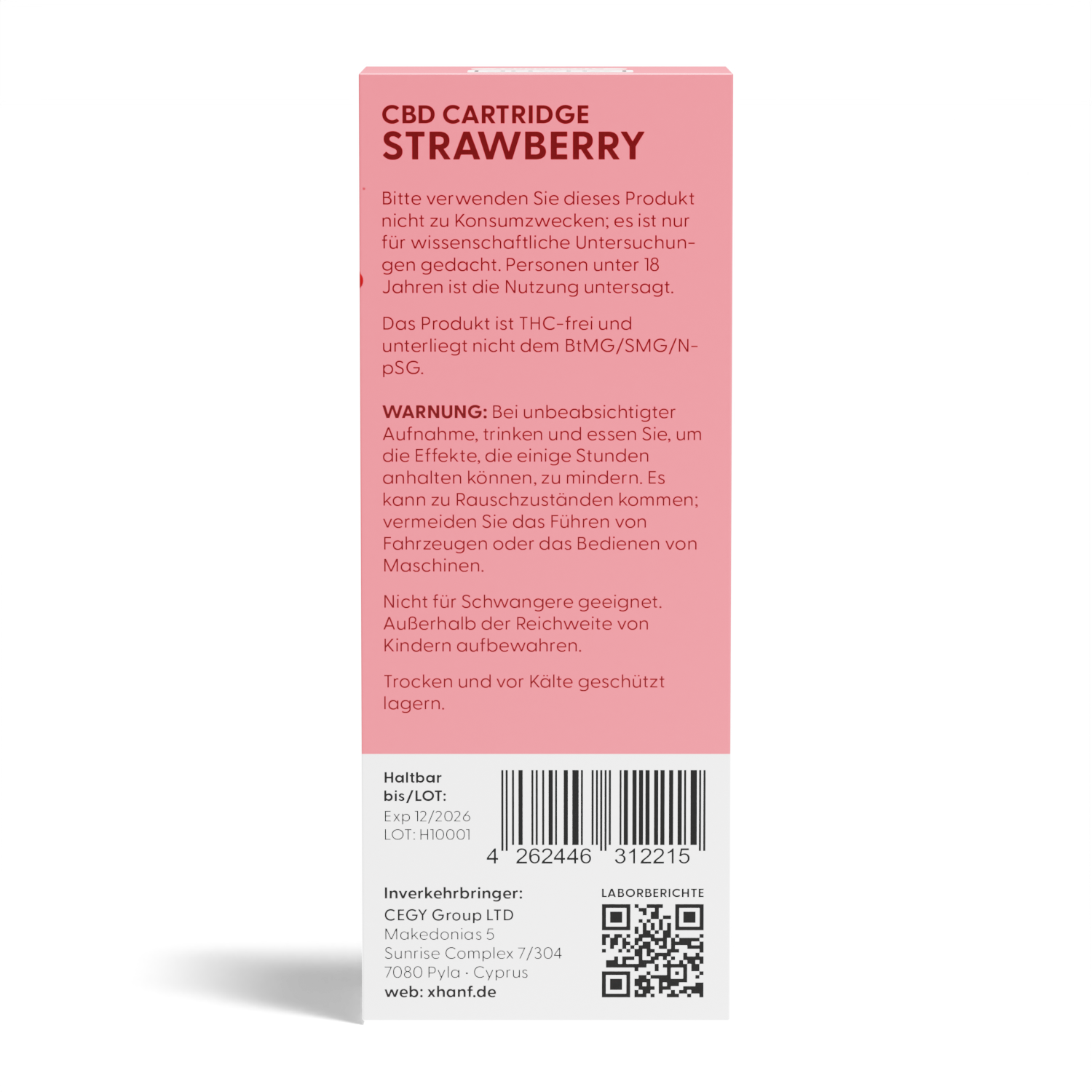 Rückseite der XHANF CBD Vape Cartridge Strawberry mit Warnhinweisen und Produktangaben