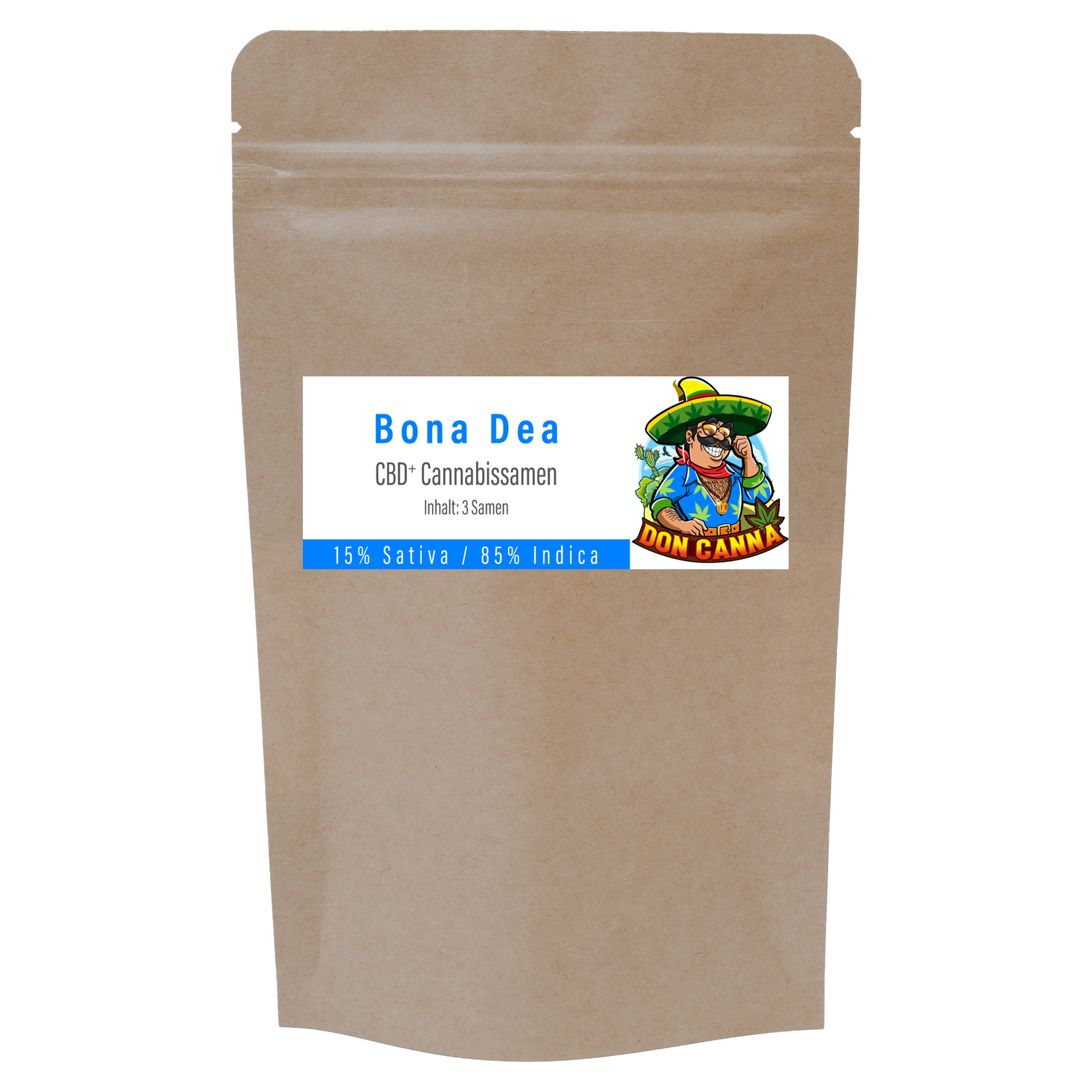 Vorderseite einer braunen Verpackung mit Etikett „Bona Dea CBD+ Cannabissamen, Inhalt: 3 Samen“ sowie Logo „Don Canna“ und Hinweis „15 % Sativa / 85 % Indica“.