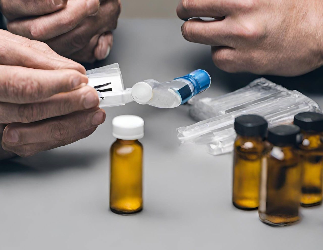 HHC und Drogentest – Nachweisbarkeit im Labor Laborsituation mit HHC-Proben und Drogentest-Set in Nahaufnahme