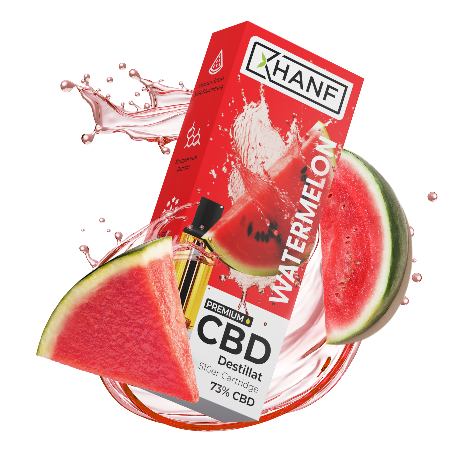XHANF CBD Vape Watermelon mit frischer Wassermelone und dynamischem Splash Effekt