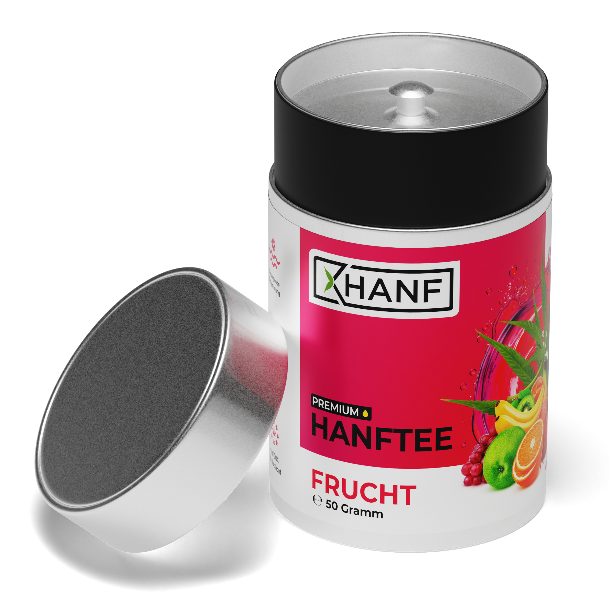 XHANF Premium Hanftee Frucht in Dose mit geöffnetem Deckel